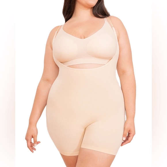 Shapermint Essentials Women's Open Bust Bodysuit Shaper Short Beige L Large - Picture 1 of 3